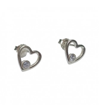 E000922 Sterling Silver Earrings Hearts With Cubic Zirconia Solid Stamped 925 Handmade